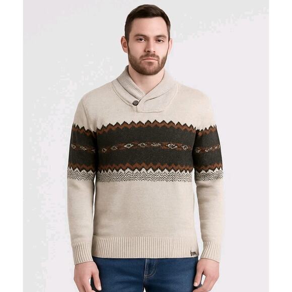 Blue Inc Shawl Collar Sweater XL Beige Fair Isle Knit Pullover British Inspired - Picture 1 of 12